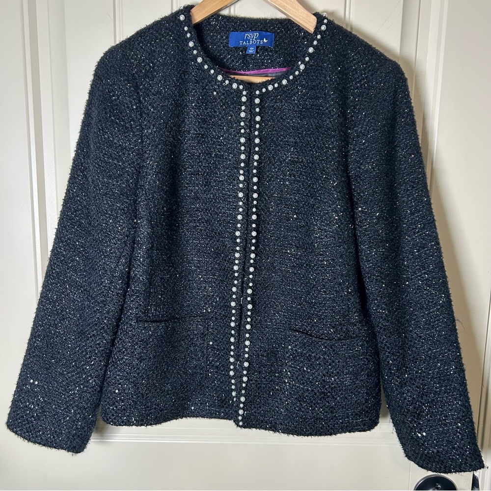 RSVP by Talbots Women’s Black Tweed Pearl-Trim Jacket Elegant Topper Size 10P - Picture 13 of 16